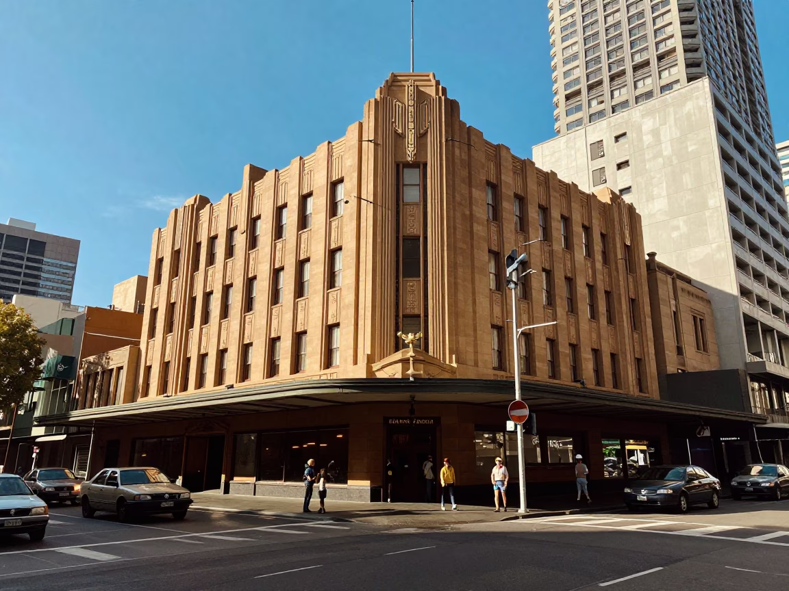 1970s Melbourne Street Scene with Art Deco Hotel Facade and Late Afternoon Light in in Melbourne, Victoria, Australia
