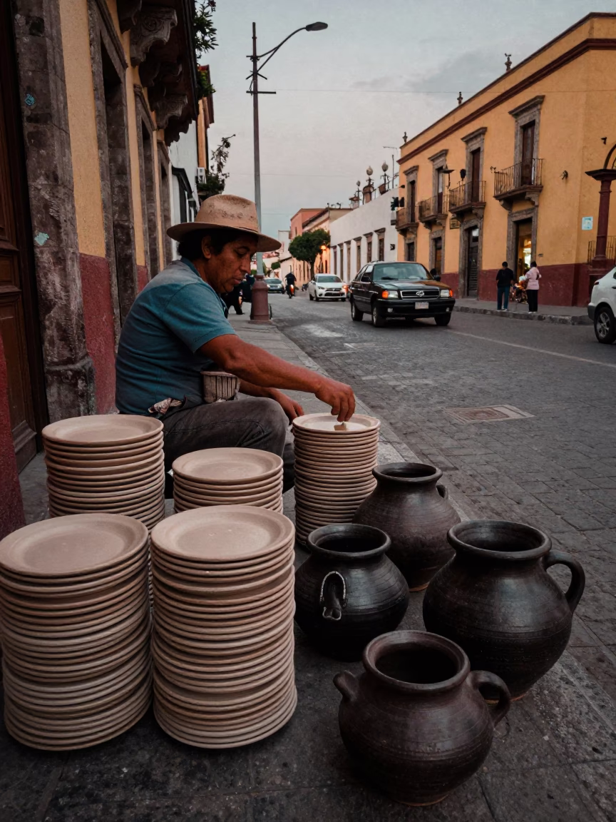 1970s Mexico City street scene with stacked plates and clay pots at dusk in in Mexico City, Mexico