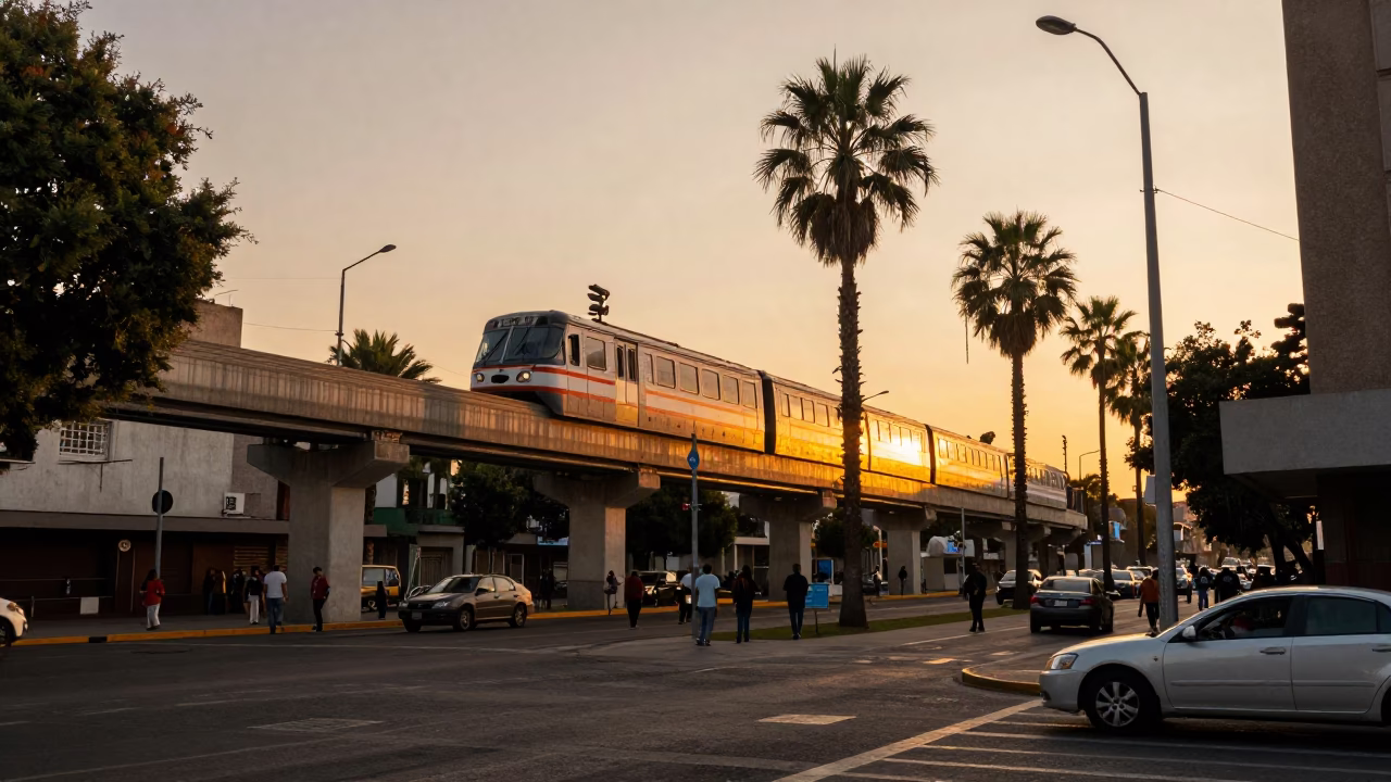 1970s Mexico City Sunset Street Scene with Monorail and Palm Trees in in Mexico City, Mexico