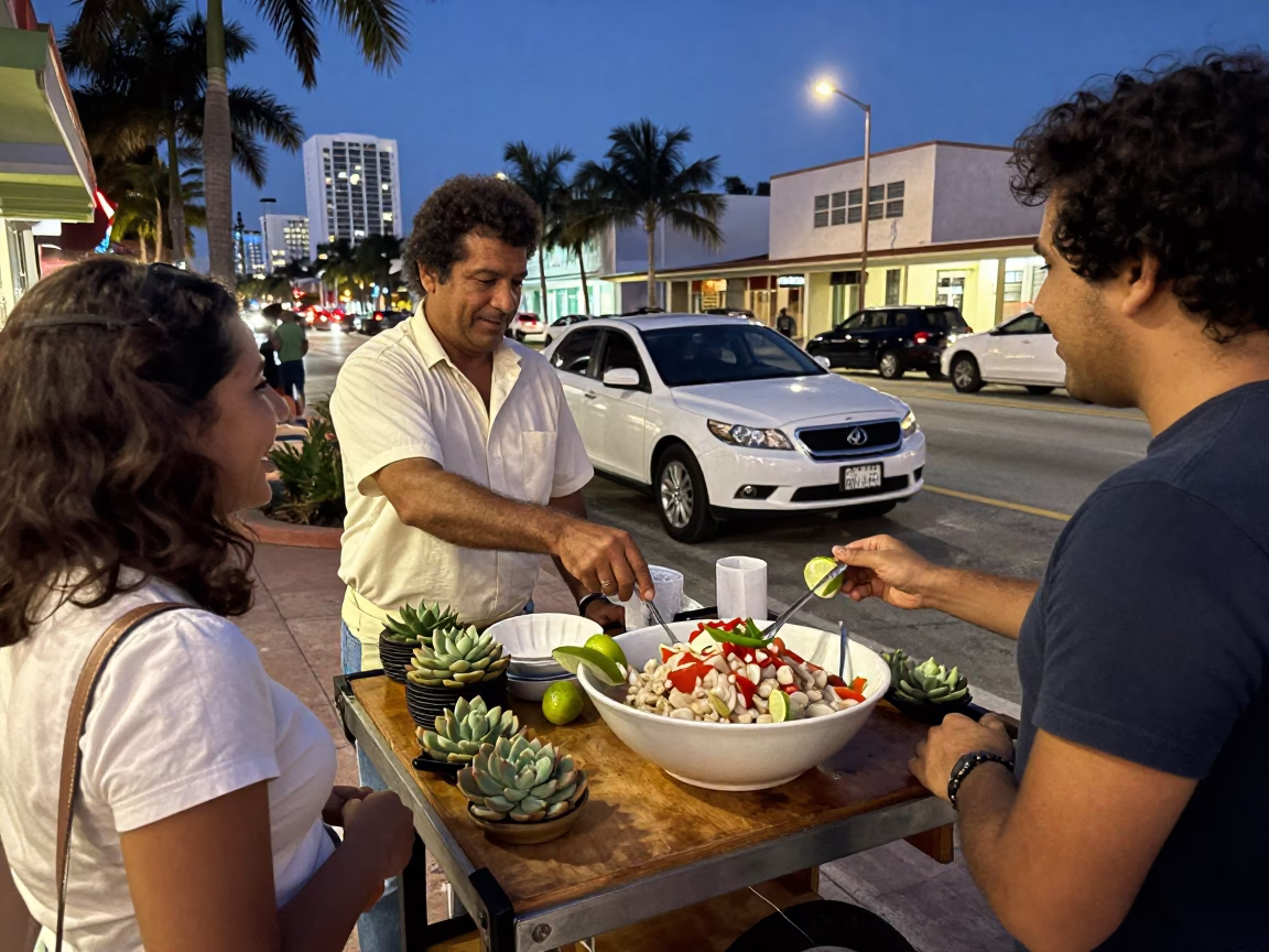 1970s Miami Street Scene Evening with Ceviche and Succulents in in Miami, Florida, United States