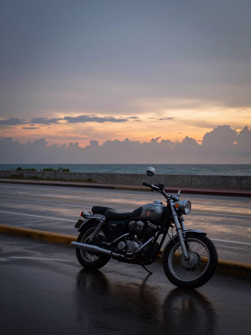 1970s Miami Twilight Street Scene with Vintage Motorcycle and Coastal Highway Atmosphere in in Miami, Florida, United States