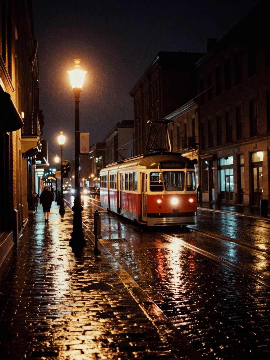 1970s Montreal Night Street Scene with Vintage Funicular and Urban Atmosphere in in Montreal, Quebec, Canada