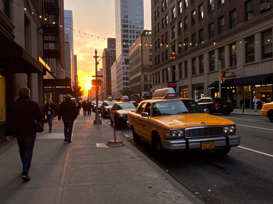 1970s New York City Street Scene with String Lights at Sunset in in New York, New York, United States