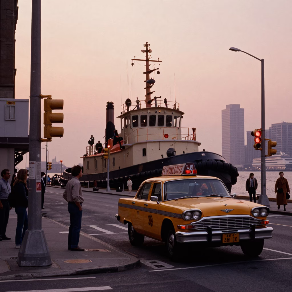 1970s New York City Street Scene with Tugboat in Harbor Under Copper Dusk Light in in New York, New York, United States