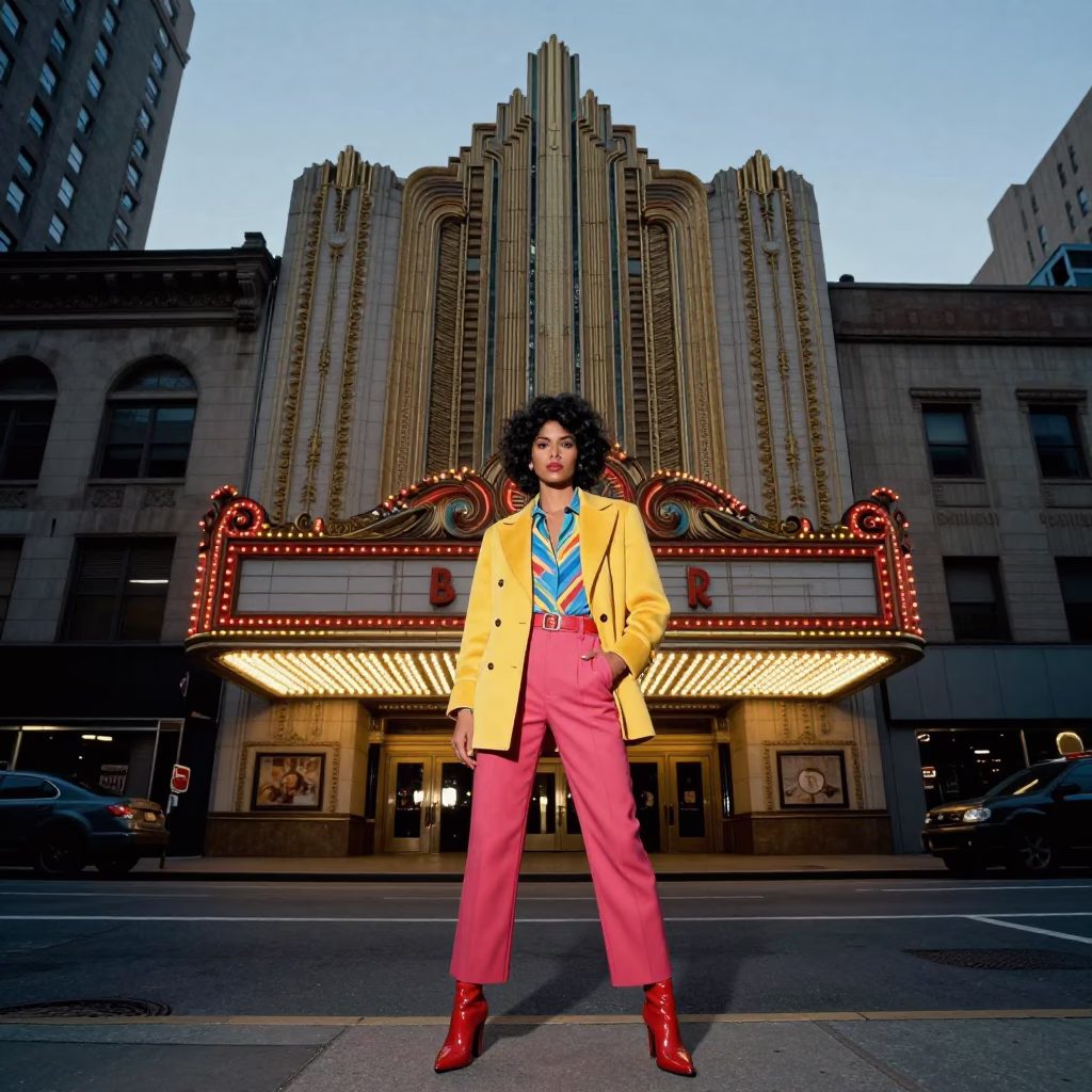 1970s New York Street Fashion Art Deco Cinema Facade Pre-Dawn Light in in New York, New York, United States