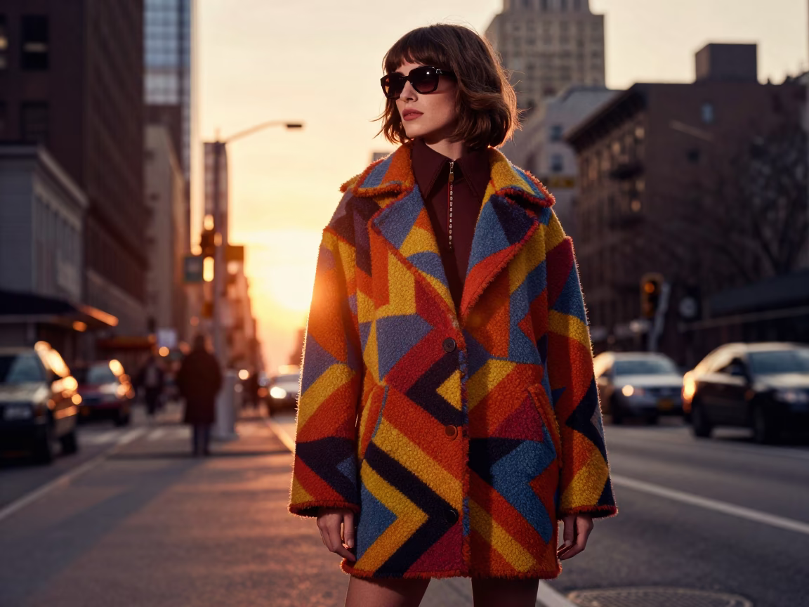 1970s New York Street Fashion Sunset Silhouette with Vintage Accessories in in New York, New York, United States