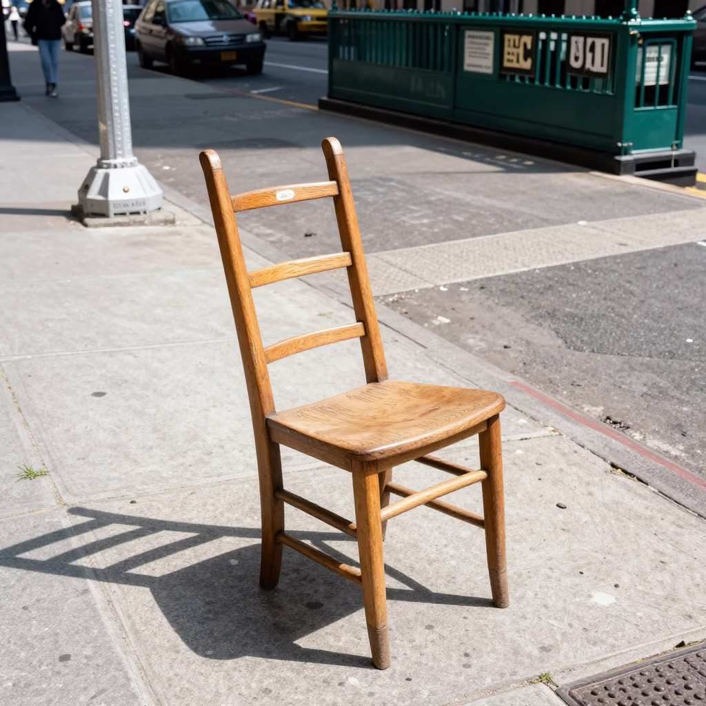 1970s New York Street Scene Noon Light Ladder Back Chair Sidewalk in in New York, New York, United States