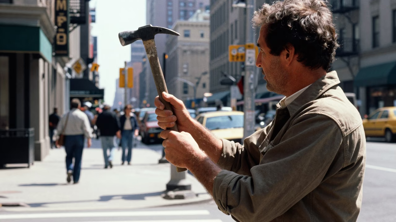 1970s New York Street Scene with Hand Tool and Urban Architecture in in New York, New York, United States