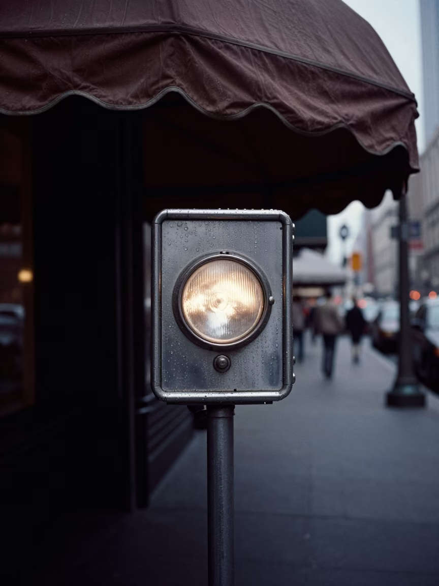 1970s New York Valet Stand Under Hotel Awnings Reflecting Headlight Streaks in Predawn Darkness in in New York, New York, United States