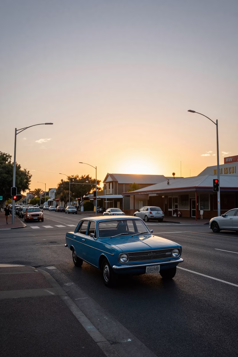 1970s Perth Sunset Street Scene with Vintage Car and Local Pedestrians in in Perth, Western Australia, Australia