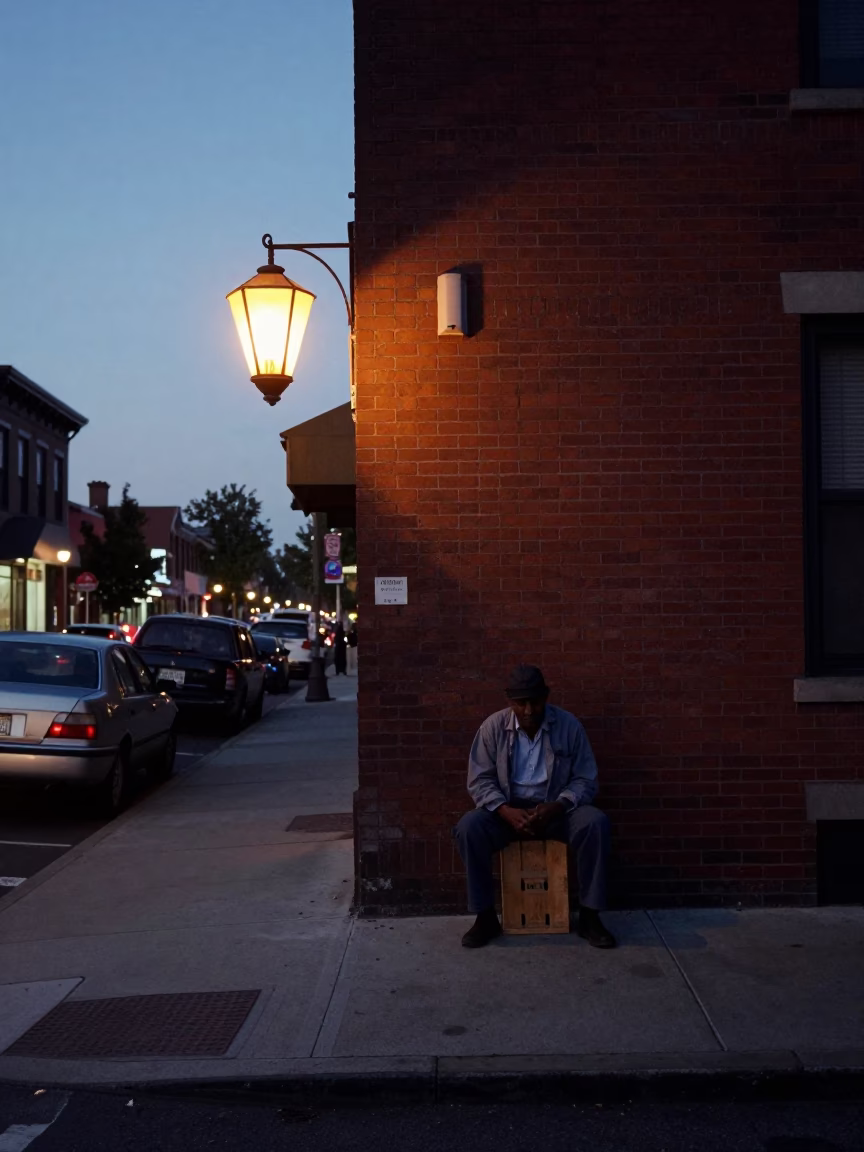 1970s Philadelphia Street Corner Before Dawn with Lantern and Rusty Saucer in in Philadelphia, Pennsylvania, United States