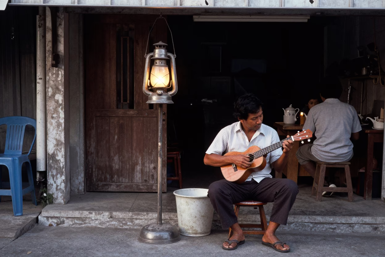 1970s Phuket Street Scene with Oil Lamp and Ukulele Player in in Phuket, Thailand