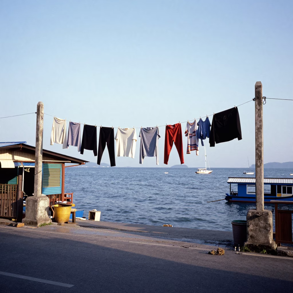 1970s Phuket Thailand street scene with laundry hanging and harbor view in in Phuket, Thailand