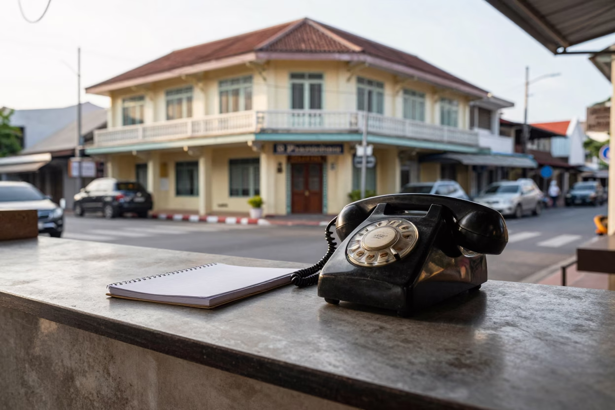 1970s Phuket Thailand street scene with vintage Bakelite telephone and tropical architecture in in Phuket, Thailand