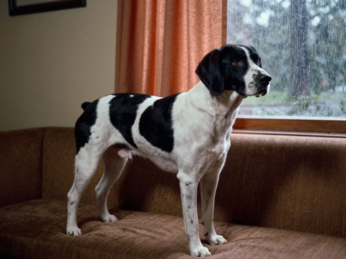 1970s Pointer Portrait in Karen Nairobi Room in on a sofa near a curtained window with calm indoor light in Karen, Nairobi