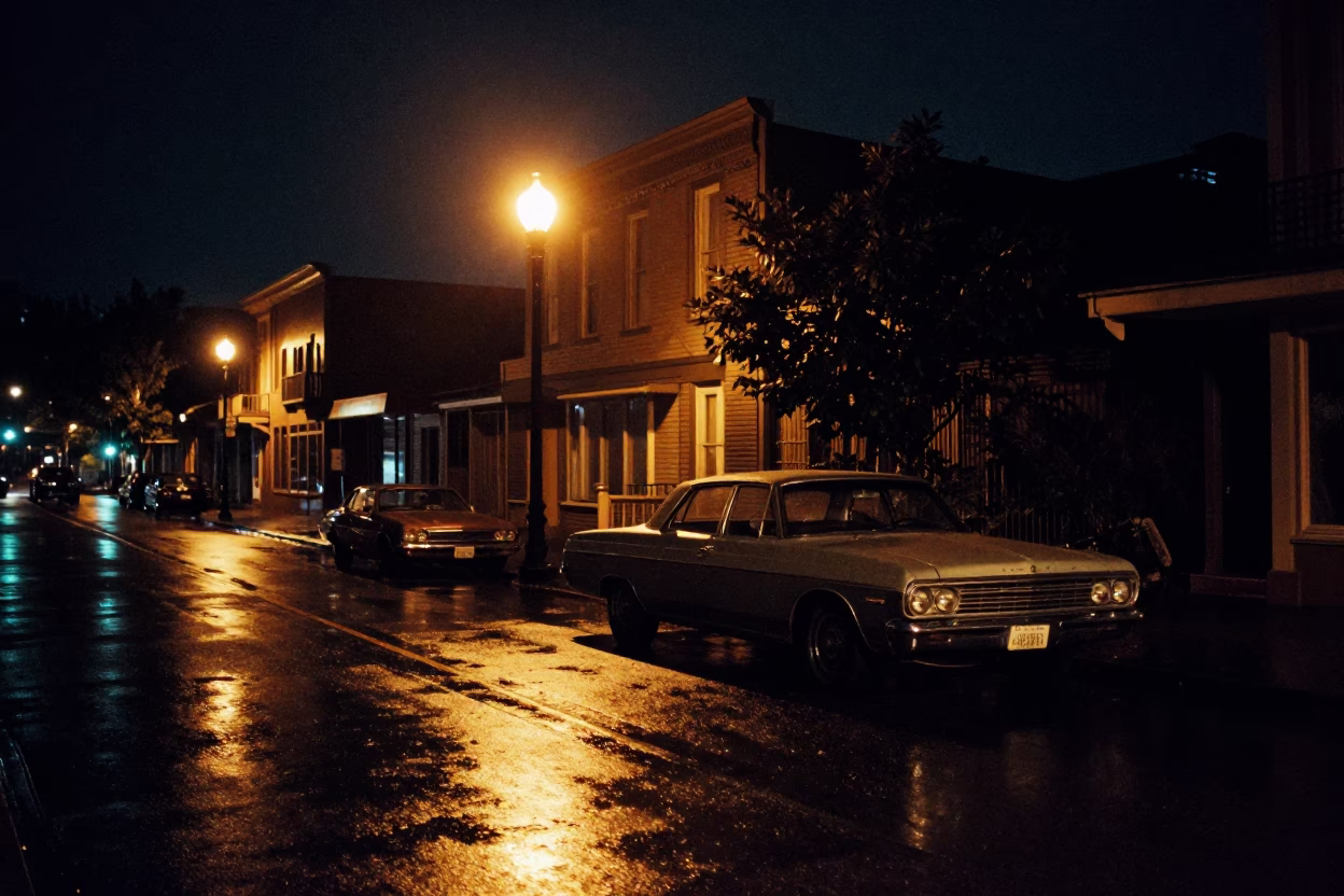 1970s Portland Oregon Night Street Scene with Vintage Car and Neon Signs in in Portland, Oregon, United States