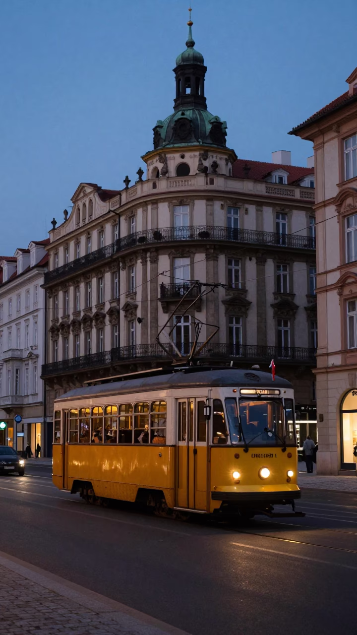 1970s Prague Evening Street Scene with Old Trolley and Art Deco Facade in in Prague, Czech Republic