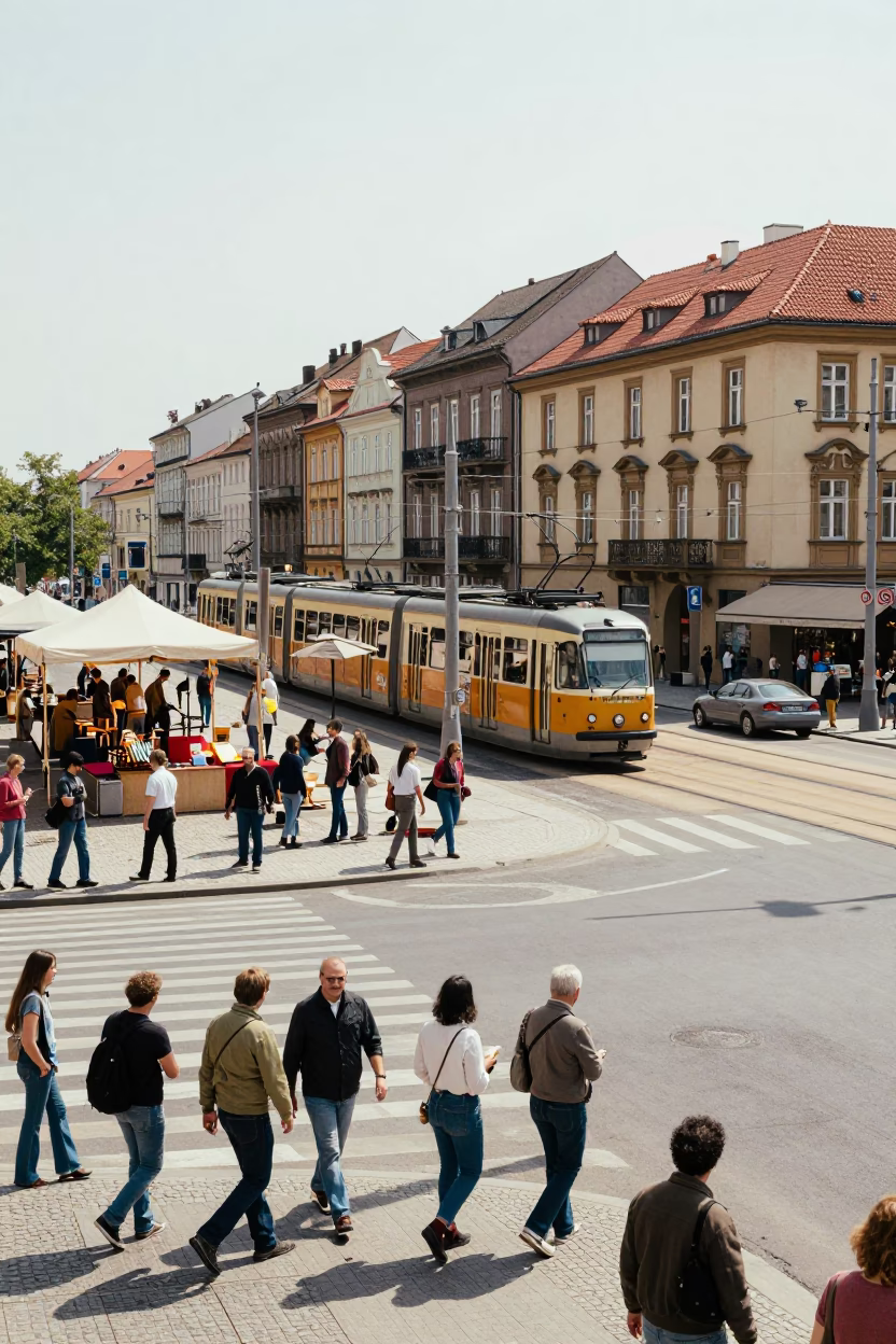 1970s Prague Street Scene with Monorail and Glassblowing Fair in in Prague, Czech Republic