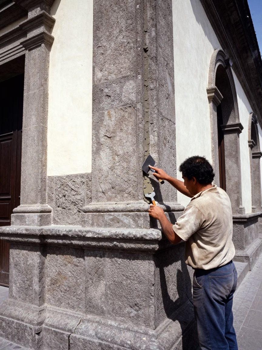 1970s Quito Street Scene Mason Pointing Dressed Stone Blocks in Bright Midmorning Light in in Quito, Ecuador
