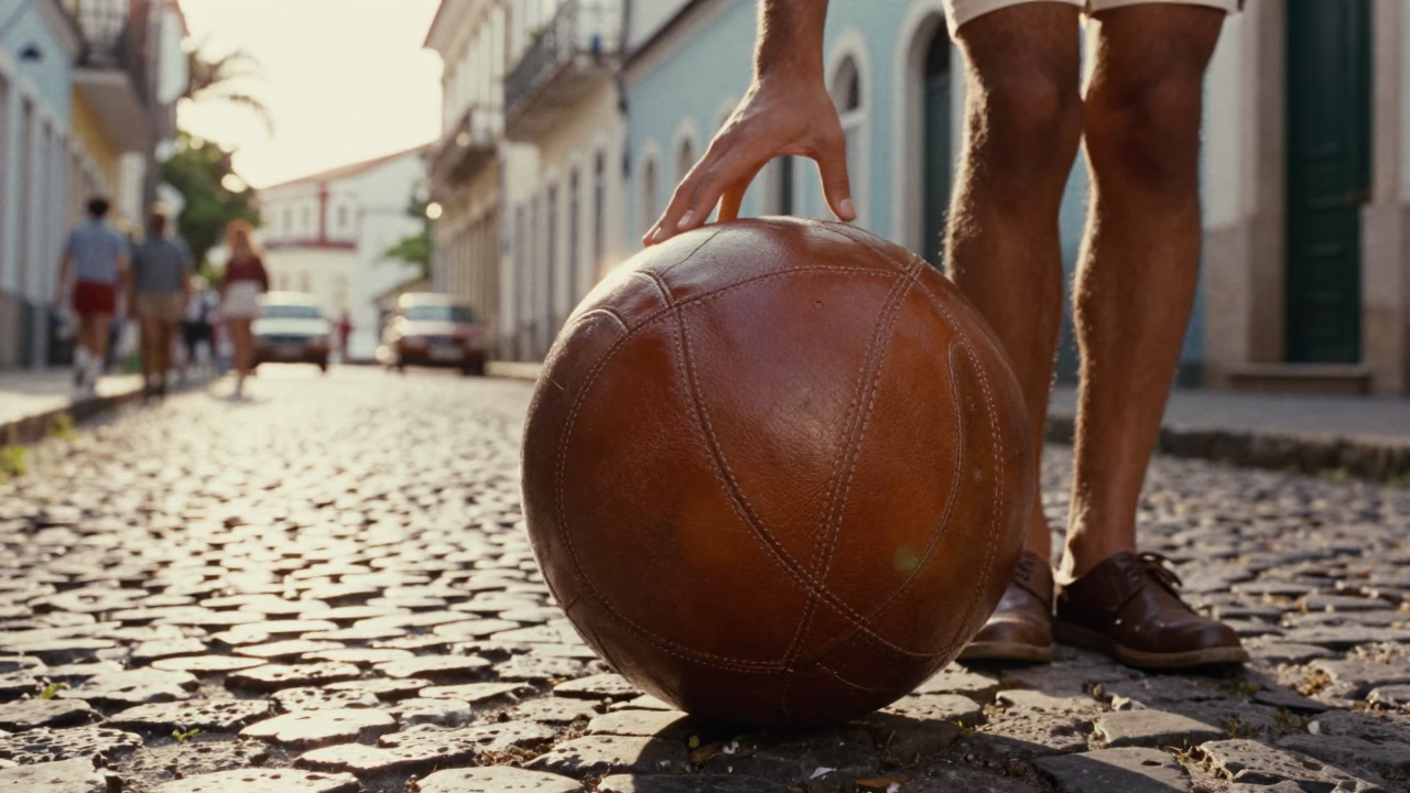 1970s Salvador Brazil Street Fashion Photograph Just After Sunrise with Vintage Leather Ball in in Salvador, Brazil