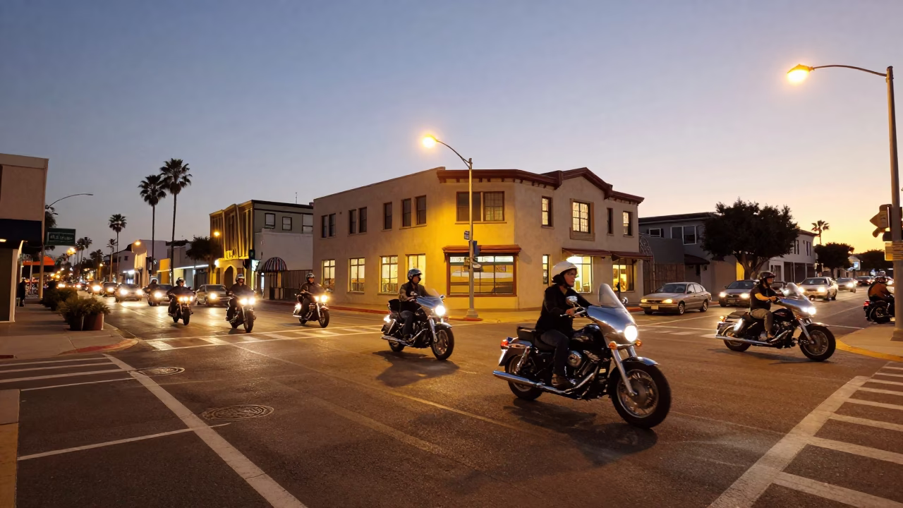 1970s San Diego Evening Street Scene with Motorcycle Convoy and Coastal Atmosphere in in San Diego, California, United States