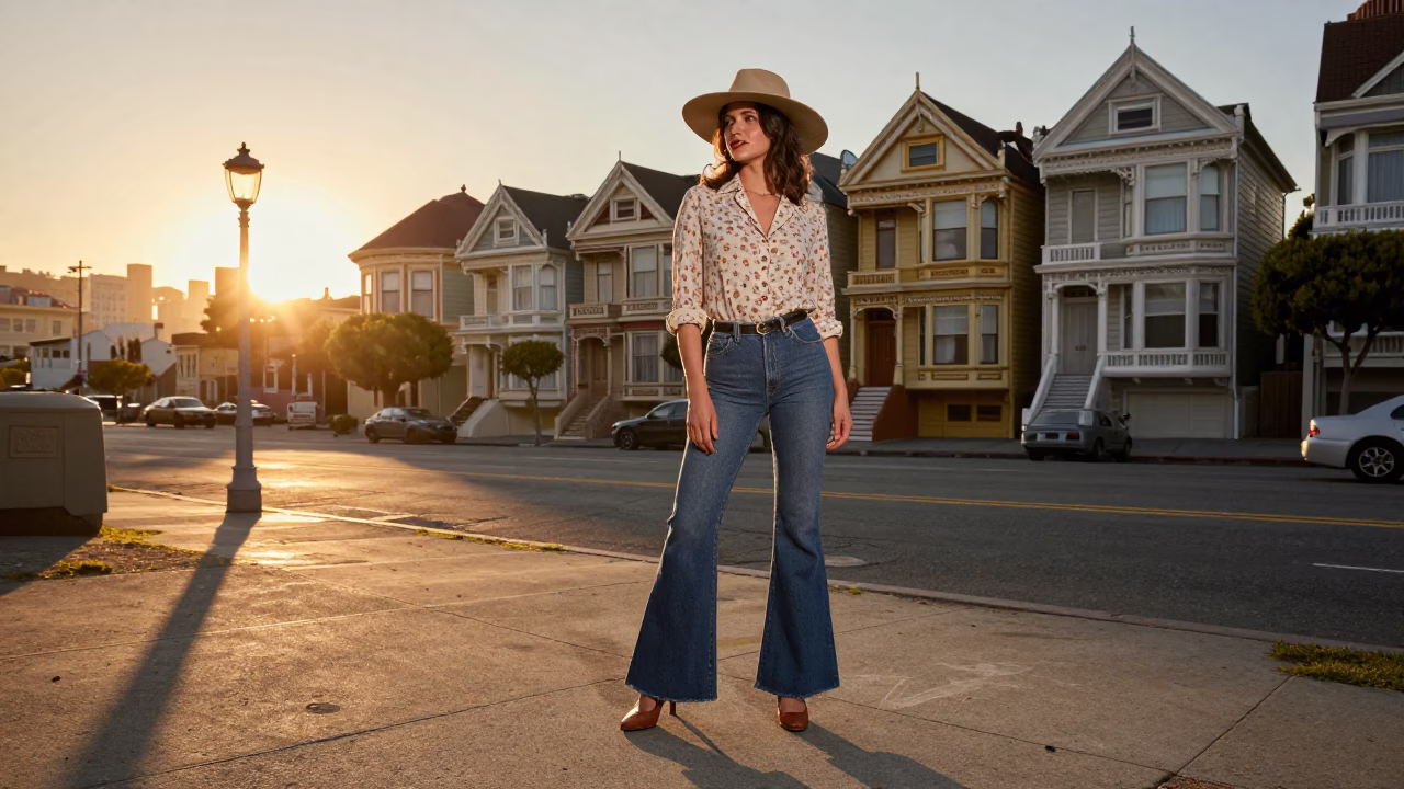 1970s San Francisco Street Fashion Sunset Portrait with Vintage Accessories in in San Francisco, California, United States
