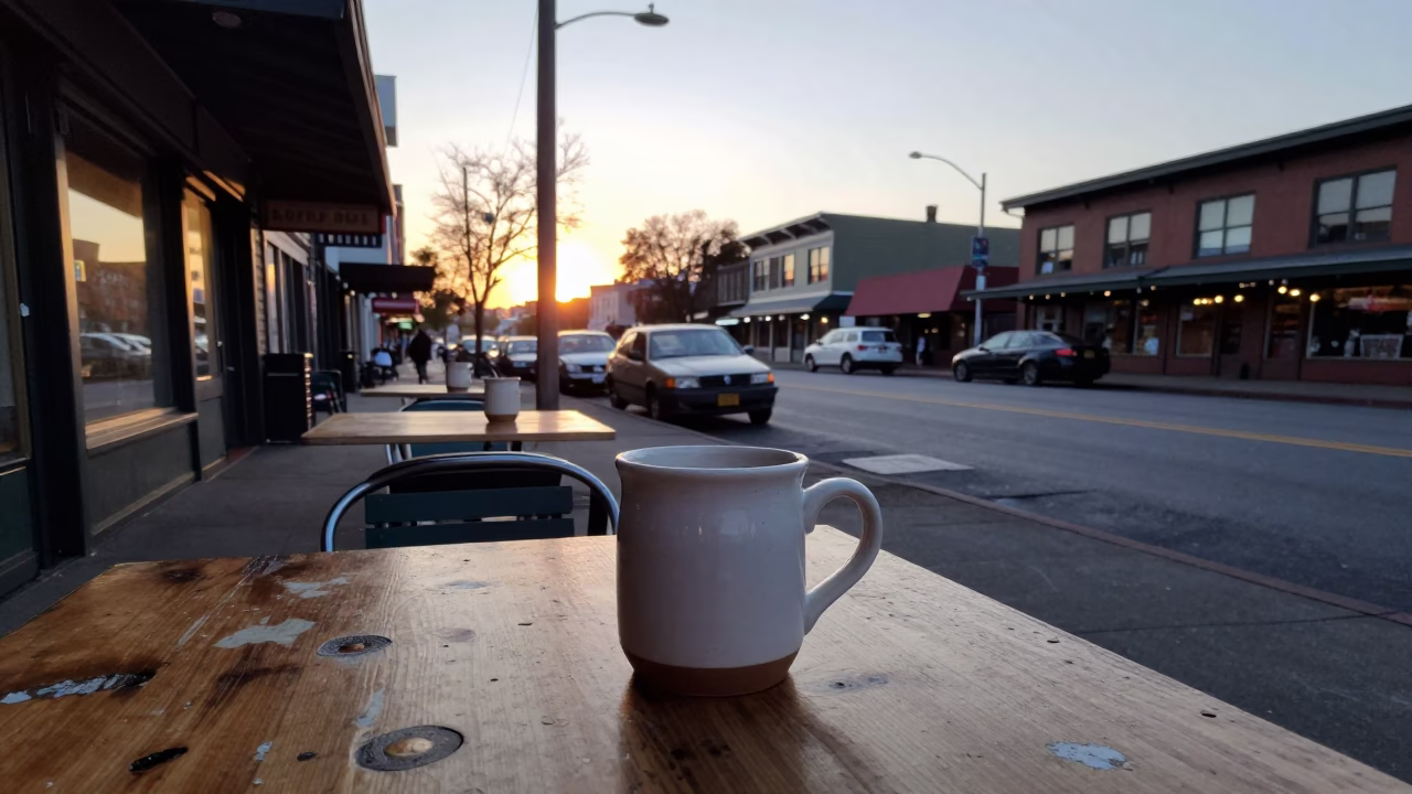1970s Seattle Dawn Street Scene with Ceramic Mug and Woven Basket in in Seattle, Washington, United States