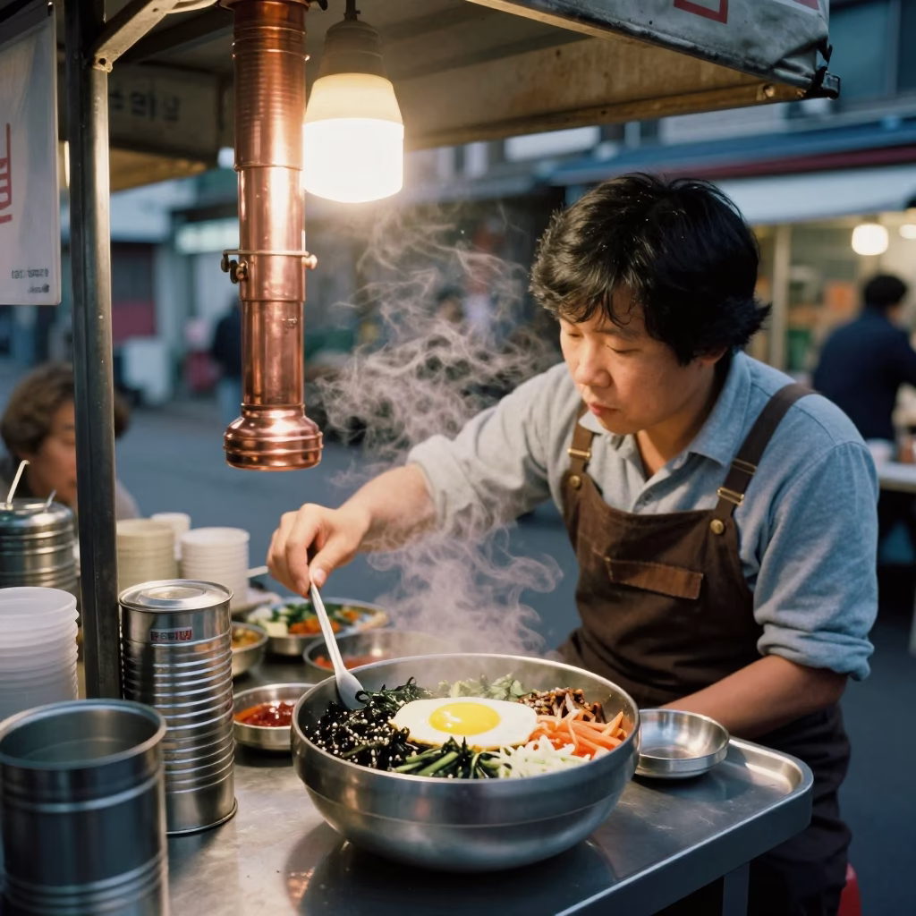 1970s Seoul Street Scene with Bibimbap and Vintage Tin Box in Copper Dusk Light in in Seoul, South Korea