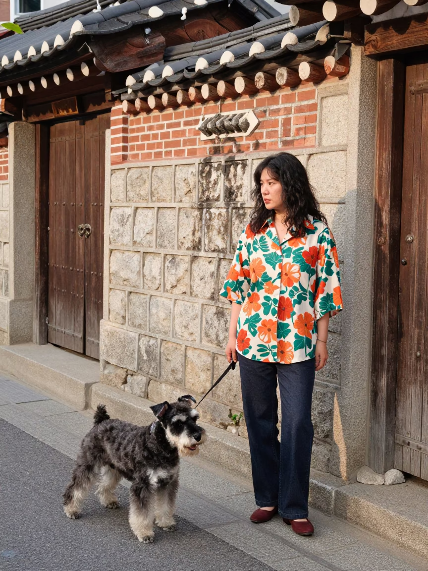 1970s Seoul Street Scene with Standard Schnauzer and Vintage Colored Glass Bottle in in Seoul, South Korea