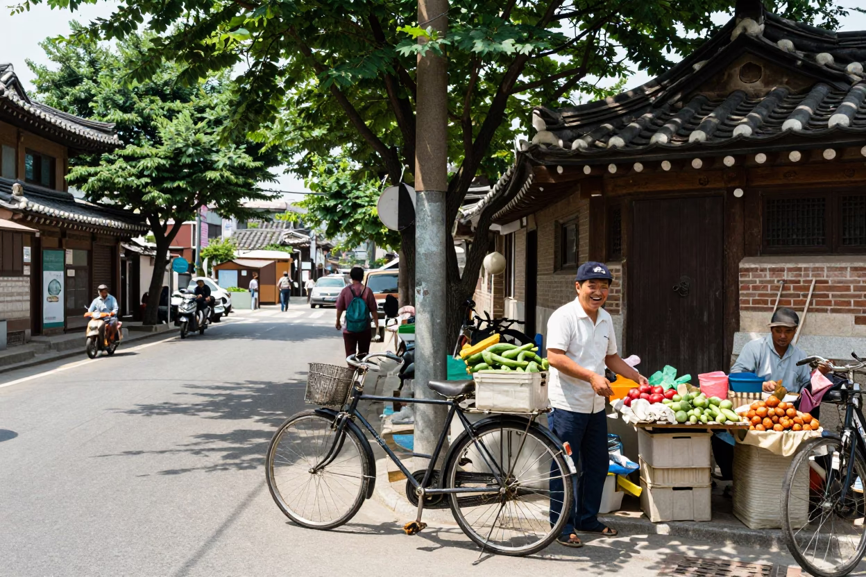 1970s Seoul street scene with vintage bicycle and traditional paper fan in busy market in in Seoul, South Korea