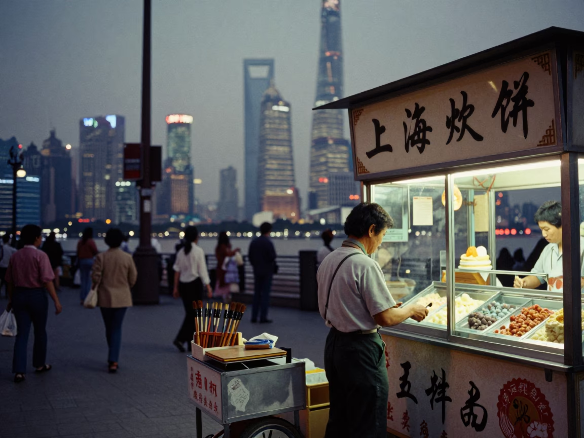 1970s Shanghai Street Scene with Calligraphy Brush Set and Gelato Display in in Shanghai, China