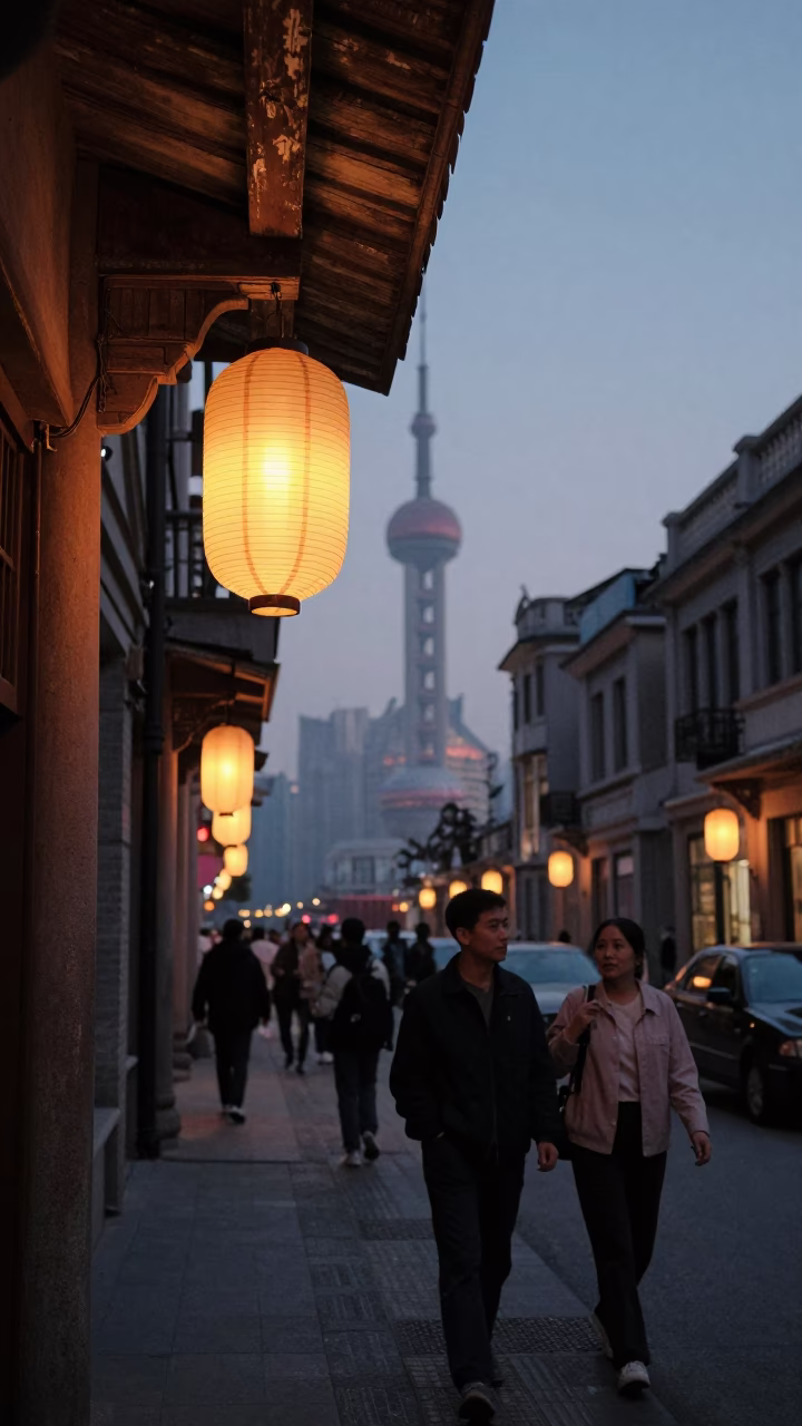 1970s Shanghai Twilight Street Scene with Lantern Glow and Traditional Architecture in in Shanghai, China