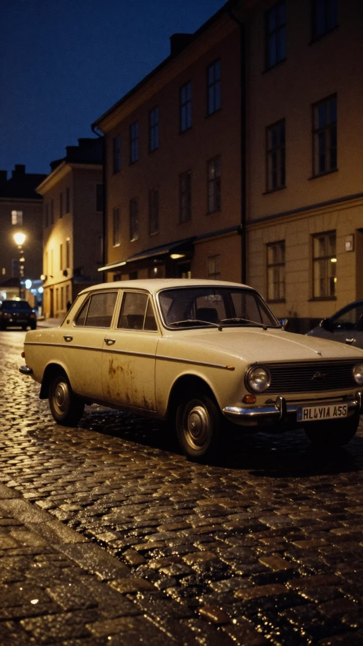 1970s Stockholm Night Street Scene with Vintage Car and Urban Elements in in Stockholm, Sweden