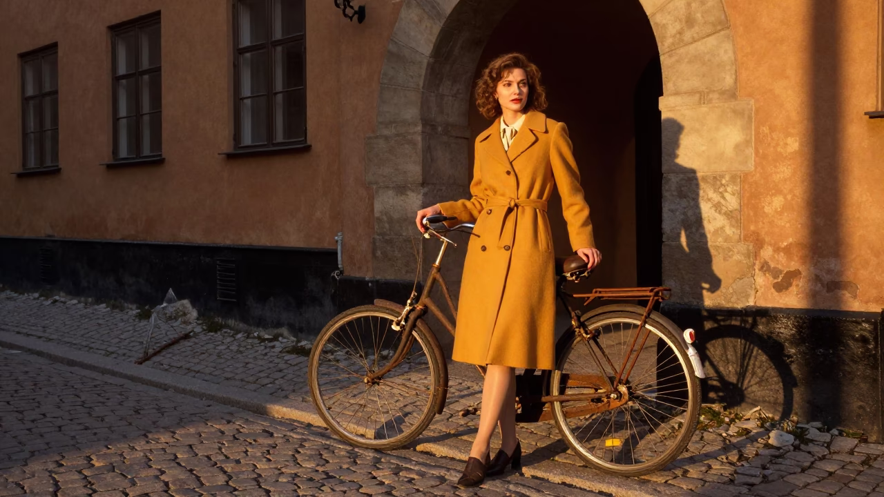 1970s Stockholm Sunset Fashion Portrait with Vintage Bicycle and Cityscape in in Stockholm, Sweden