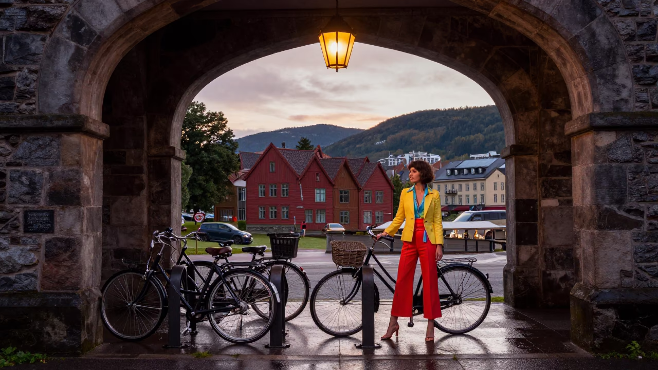 1970s Style in Bergen at Nautical Dawn Light in in Bergen, Norway