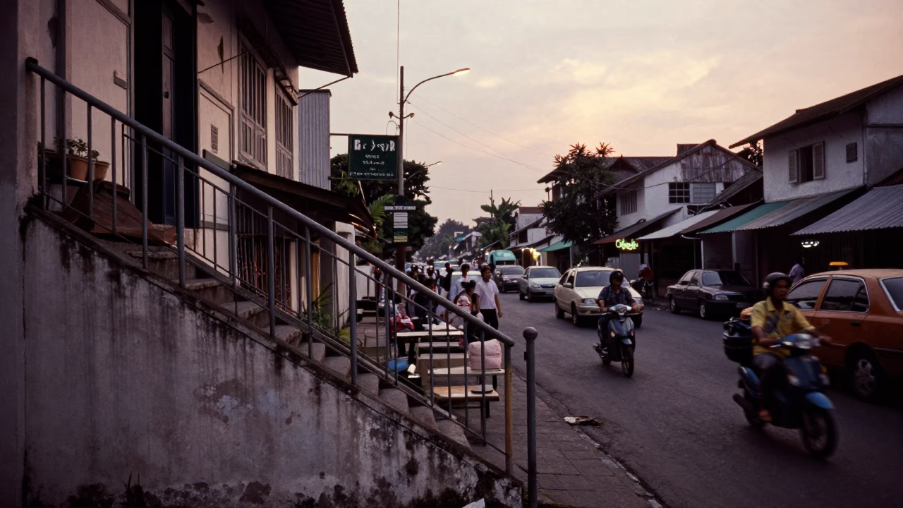 1970s Surabaya Indonesia Early Evening Street Scene with Stair Rail and Urban Life in in Surabaya, Indonesia