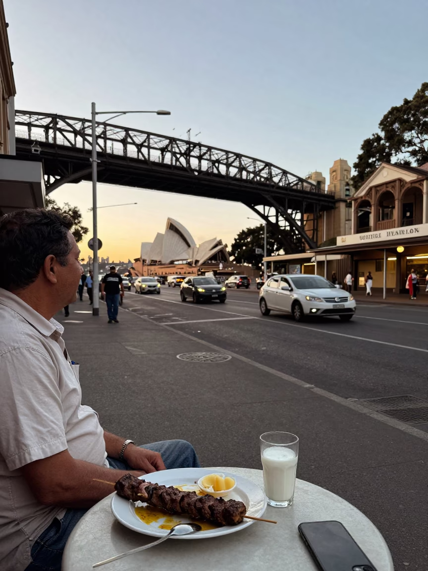 1970s Sydney Evening Street Scene with Railway Viaduct and Kebab Shop in in Sydney, New South Wales, Australia