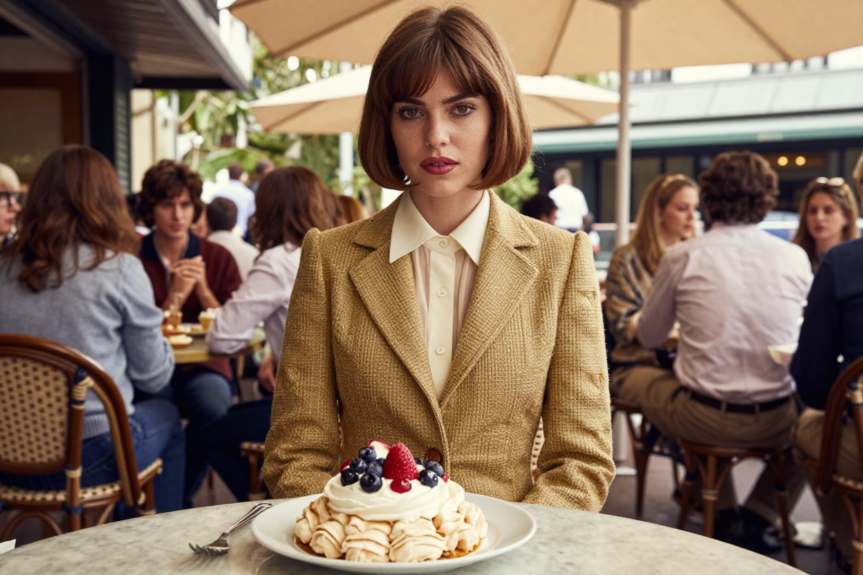 1970s Sydney Fashion Portrait with Pavlova Dessert in Early Afternoon Light in in Sydney, New South Wales, Australia
