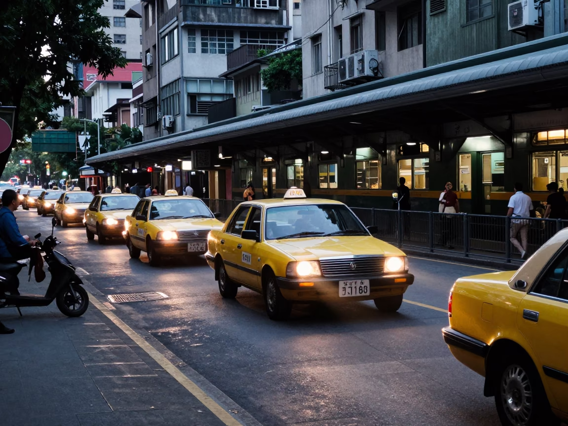 1970s Taipei Dawn Street Scene with Taxi Rank and Rain-Slicked Urban Details in in Taipei, Taiwan