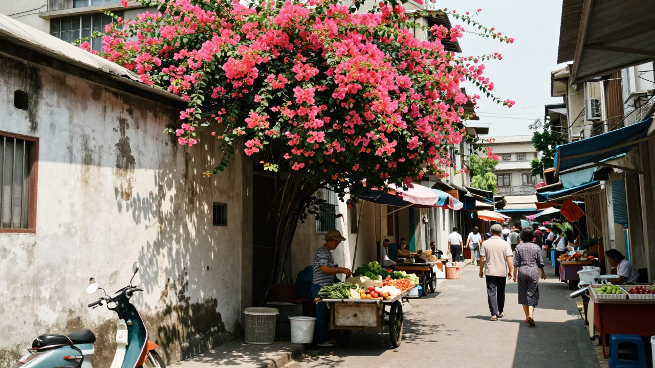 1970s Taipei Street Scene with Bougainvillea and Traditional Market Life in in Taipei, Taiwan
