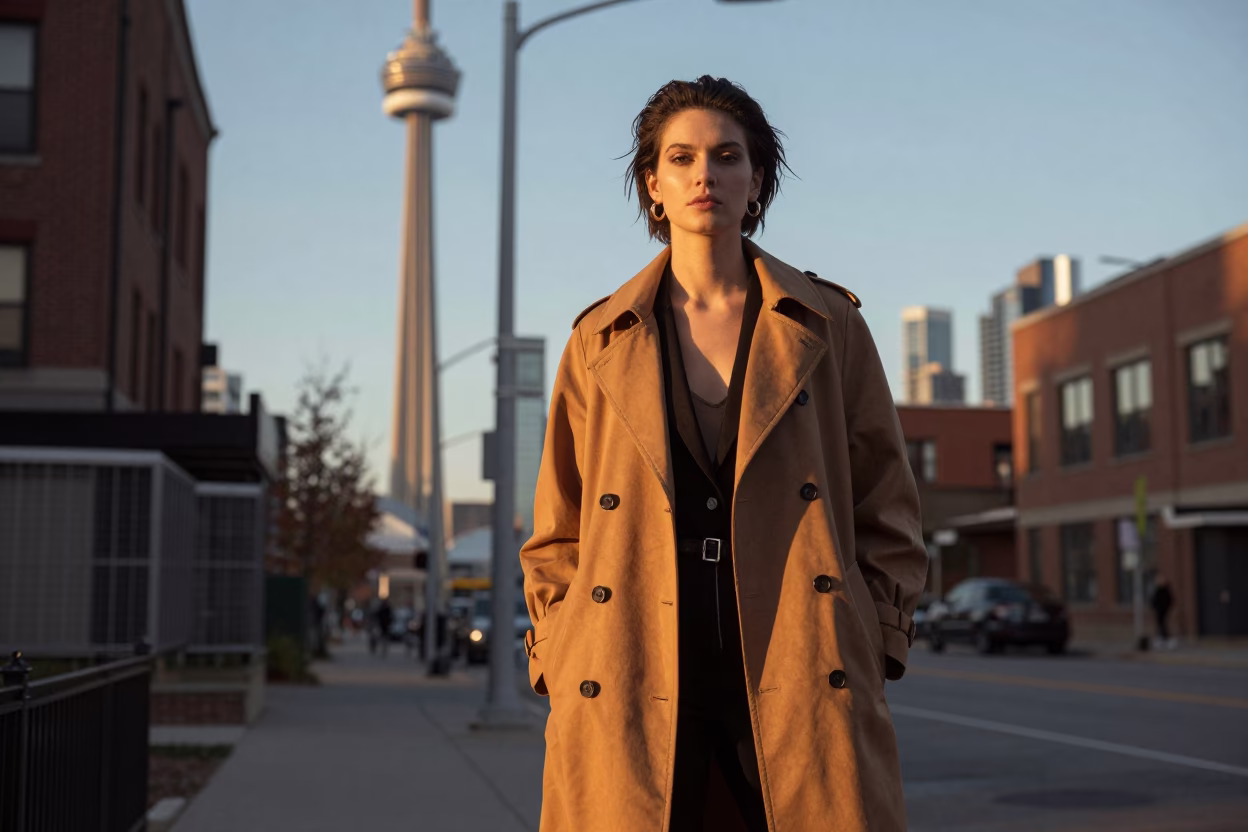 1970s Toronto Honeyed Evening Light High Fashion Portrait with Linen Fringe Detail in in Toronto, Ontario, Canada
