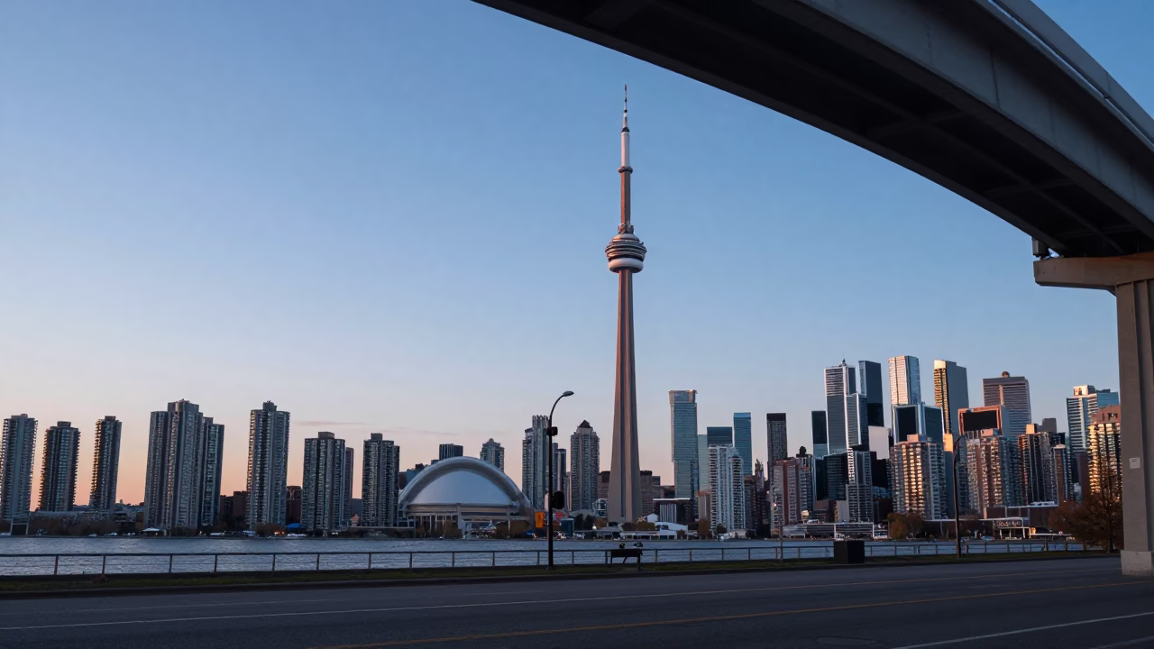1970s Toronto Ontario Canada Early Evening Skyline View Under Flyover Shadow in in Toronto, Ontario, Canada