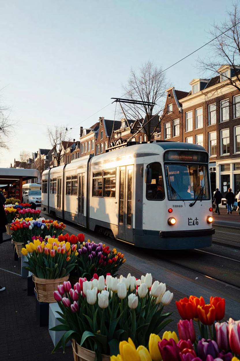 1970s Tram in Amsterdam at The Late Afternoon Light in in Amsterdam, Netherlands