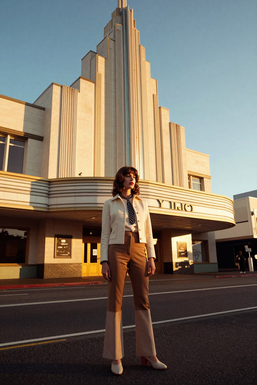 1970s Wellington Fashion Portrait Near Art Deco Cinema Facade at Sunset in in Wellington, New Zealand