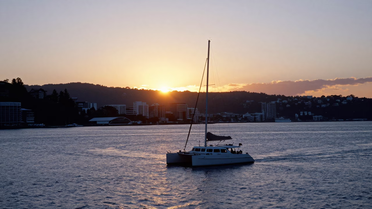 1970s Wellington New Zealand Harbor Scene with Catamaran at Sunset in in Wellington, New Zealand