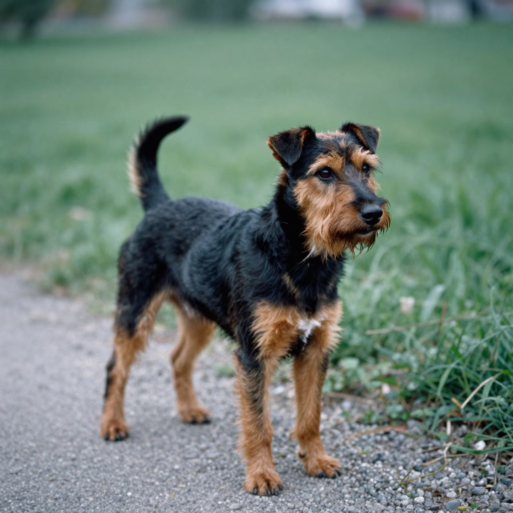 1972 Manchester Terrier Portrait on Pavlodar Path in along a quiet park path with soft open shade and a clean background in Pavlodar