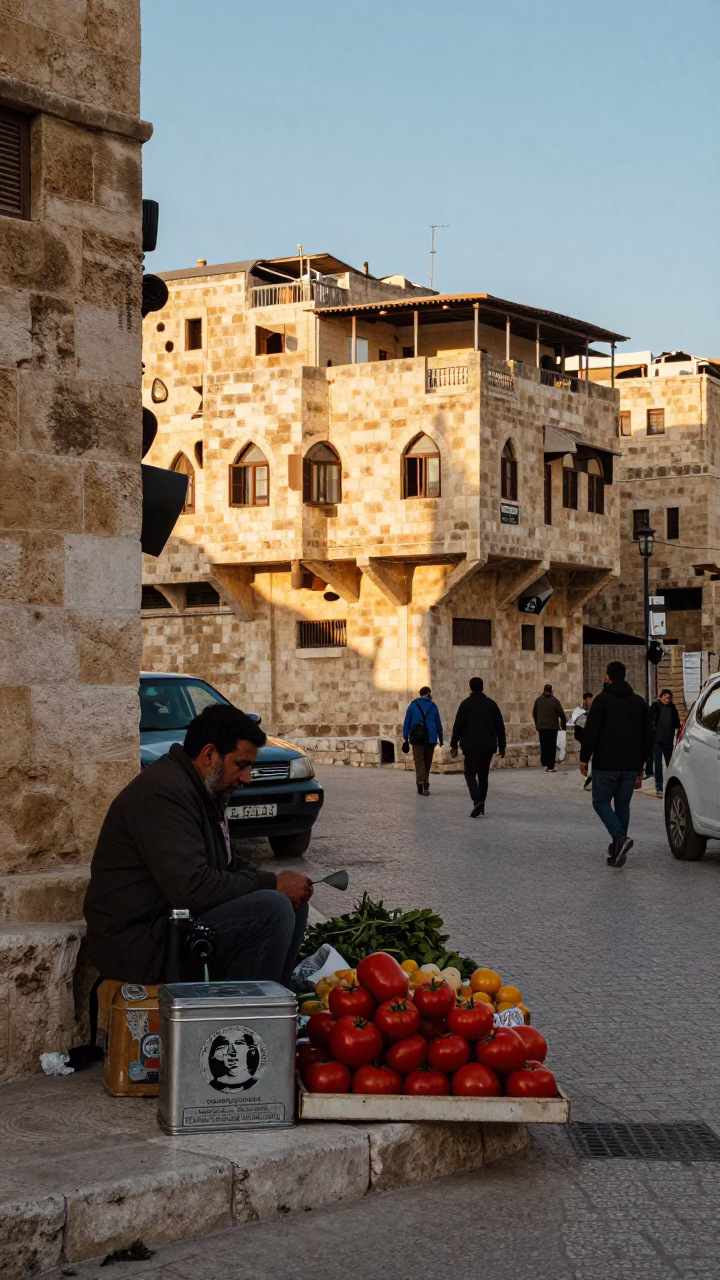 1980s Amman Street Scene with Biscuit Tin and Tomatoes at Sunrise in in Amman, Jordan