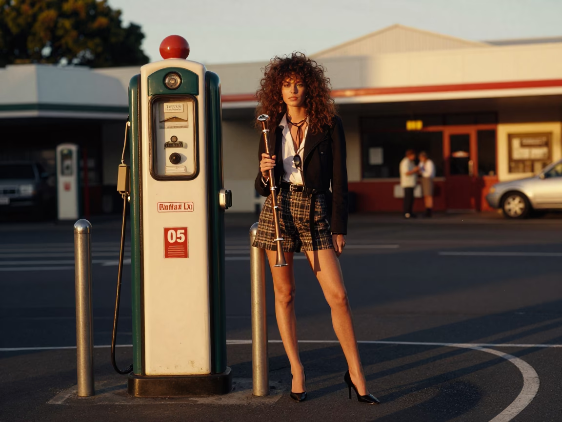 1980s Auckland High Fashion Evening Street Scene with Recorder and Petrol Station in in Auckland, New Zealand