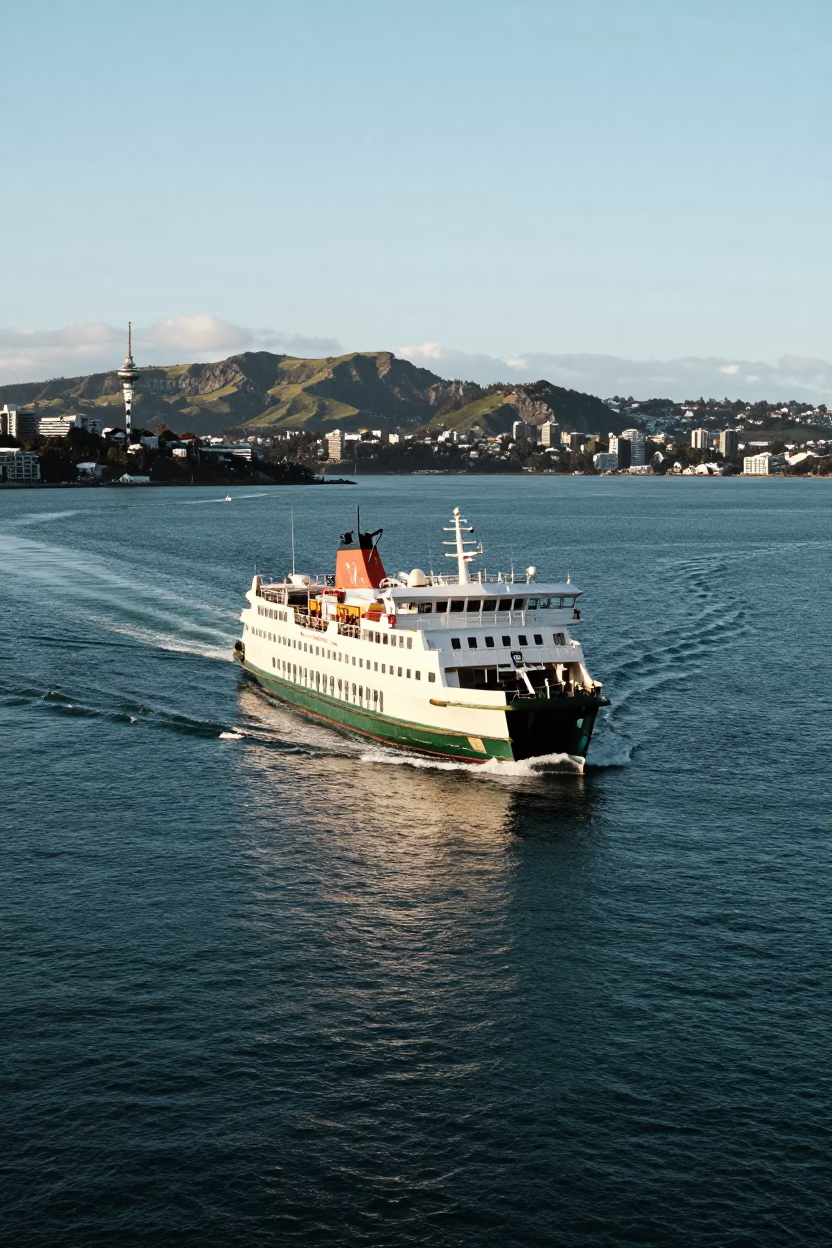 1980s Auckland New Zealand Ferry Leaving Harbor With Mountains Behind In Early Afternoon in in Auckland, New Zealand