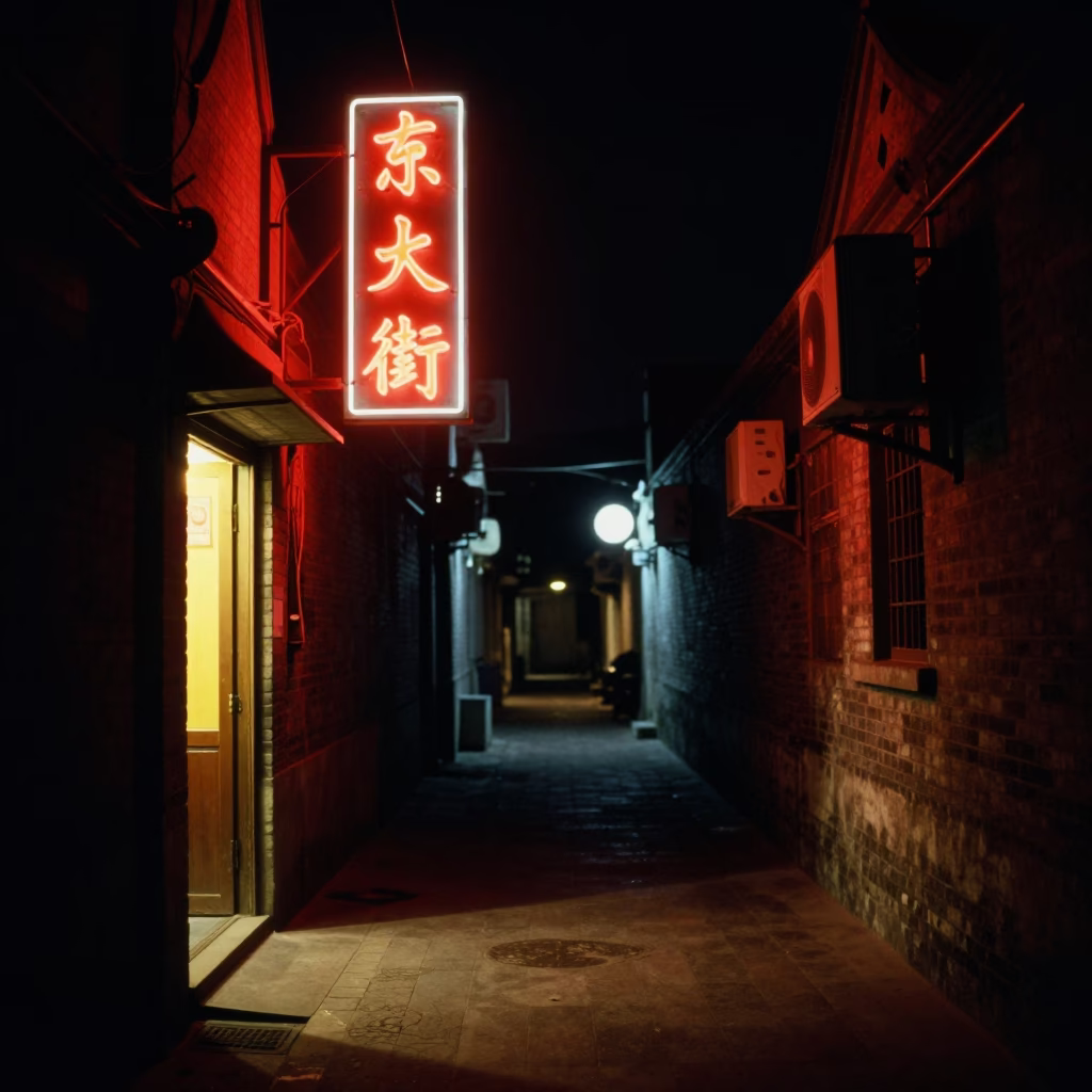 1980s Beijing Night Street Scene with Neon Signs and Traditional Architecture in in Beijing, China